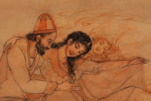 نگاره‌ای هنری از نوازش عاشقانه پیش از برقراری رابطه جنسی، اثر استاد بهزاد.